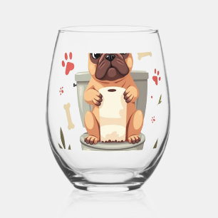 Vintage Angry French Bulldog Holding Toilet Paper Stemless Wine Glass