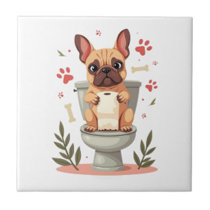Vintage Angry French Bulldog Holding Toilet Paper  Tile