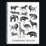 Vintage Animal Safari Illustration Personalized Notebook<br><div class="desc">This striking design features a grid of hand-drawn African animals in detailed black-and-white etching style, including lions, elephants, rhinos, and giraffes. With a personalized name beneath, this notebook is perfect for wildlife enthusiasts, students, or anyone drawn to nature-inspired designs. A timeless and educational touch for school, journalling, or everyday use....</div>