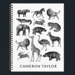 Vintage Animal Safari Illustration Personalized Notebook<br><div class="desc">This striking design features a grid of hand-drawn African animals in detailed black-and-white etching style, including lions, elephants, rhinos, and giraffes. With a personalized name beneath, this notebook is perfect for wildlife enthusiasts, students, or anyone drawn to nature-inspired designs. A timeless and educational touch for school, journalling, or everyday use....</div>