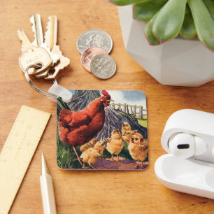 Vintage Animals, Chicken with Baby Chicks on Farm Keychain