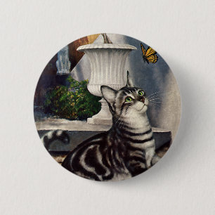 Vintage Animals, Cute Tabby Cat snd Butterfly 2 Inch Round Button