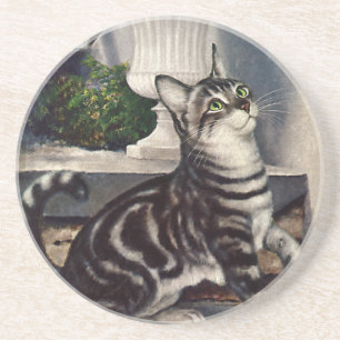 Vintage Animals, Cute Tabby Cat snd Butterfly Coaster