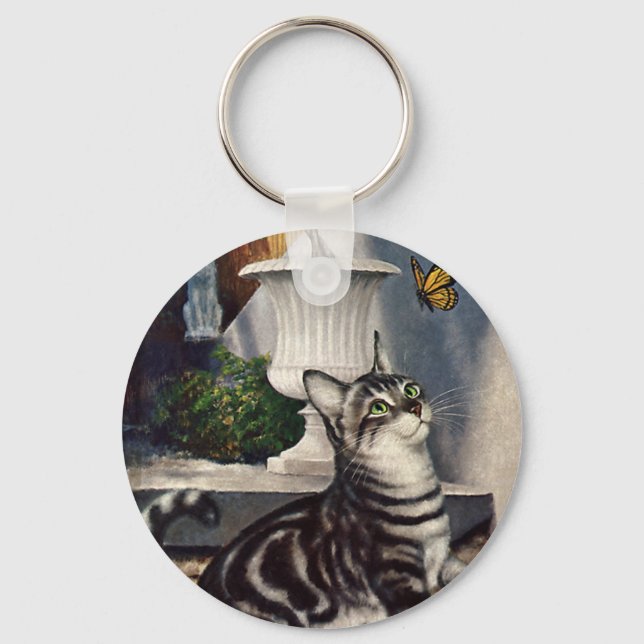 Vintage Animals, Cute Tabby Cat snd Butterfly Keychain (Front)
