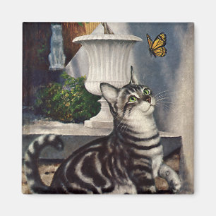 Vintage Animals, Cute Tabby Cat snd Butterfly Magnet