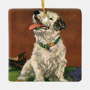 Vintage Animals, Cute Terrier Puppy Chewing Shoes Ceramic Ornament
