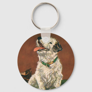 Vintage Animals, Cute Terrier Puppy Chewing Shoes Keychain