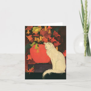 Vintage Animals, Elegant White Cat, Autumn Flowers Card