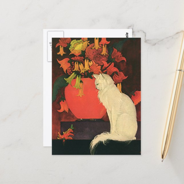 Vintage Animals, Elegant White Cat, Autumn Flowers Postcard (Front/Back In Situ)