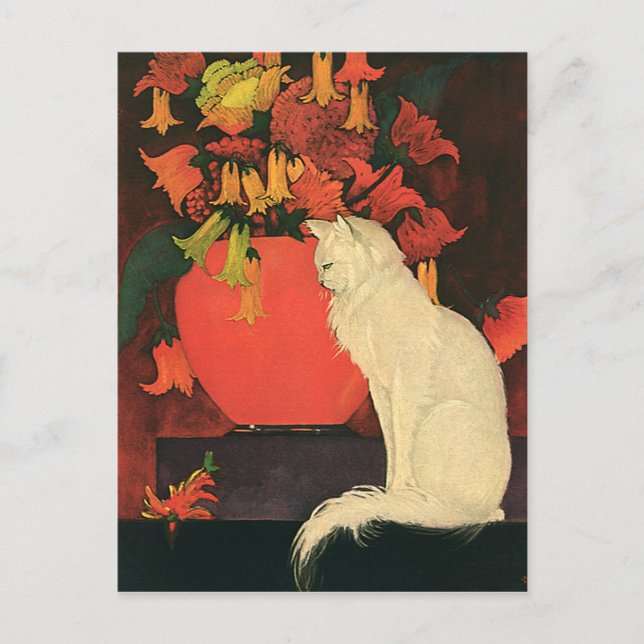 Vintage Animals, Elegant White Cat, Autumn Flowers Postcard (Front)