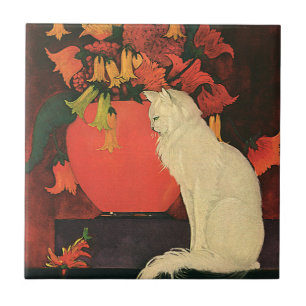 Vintage Animals, Elegant White Cat, Autumn Flowers Tile