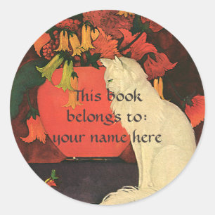 Vintage Animals, Elegant White Cat Bookplate Classic Round Sticker