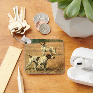 Vintage Animals, Pointer Dogs Hunting in a Field Keychain