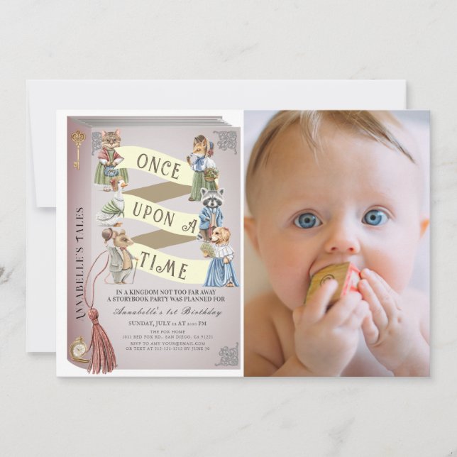 Vintage Animals Storybook Photo 1st Birthday Invitation (Front)