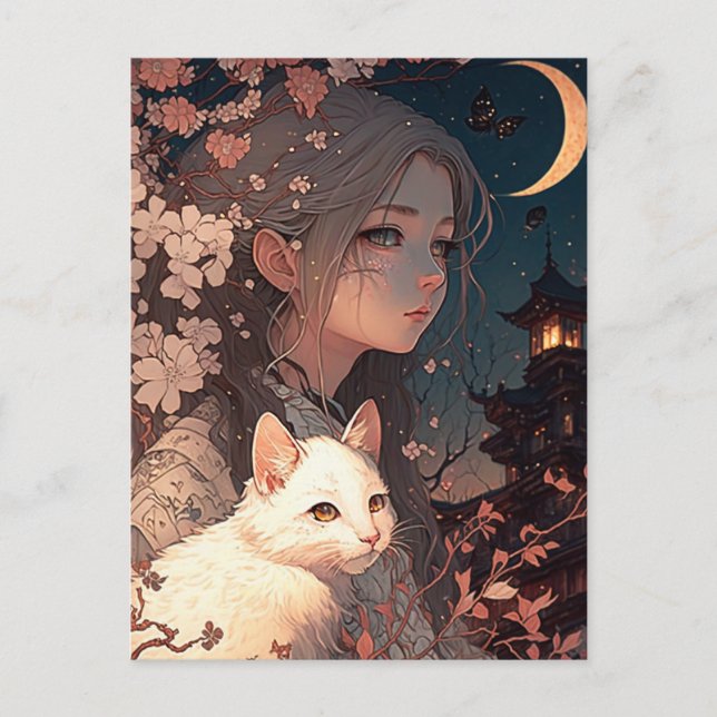 Vintage Anime Girl With Cat Postcard (Front)
