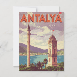 Vintage Antalya Turkey Clock Tower Minaret Travel Postcard