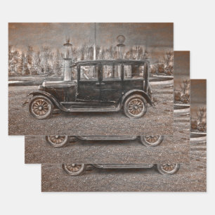 Vintage Antique Aged Sepia Black Old Rustic Car Wrapping Paper Sheet