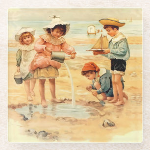 Vintage Antique Beach Boy Girl Children Fine Art Glass Coaster