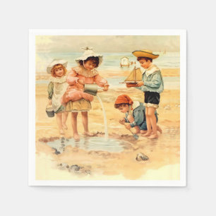 Vintage Antique Beach Boy Girl Children Fine Art Napkin