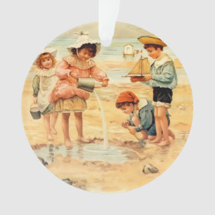 Vintage Antique Beach Boy Girl Enfants Art