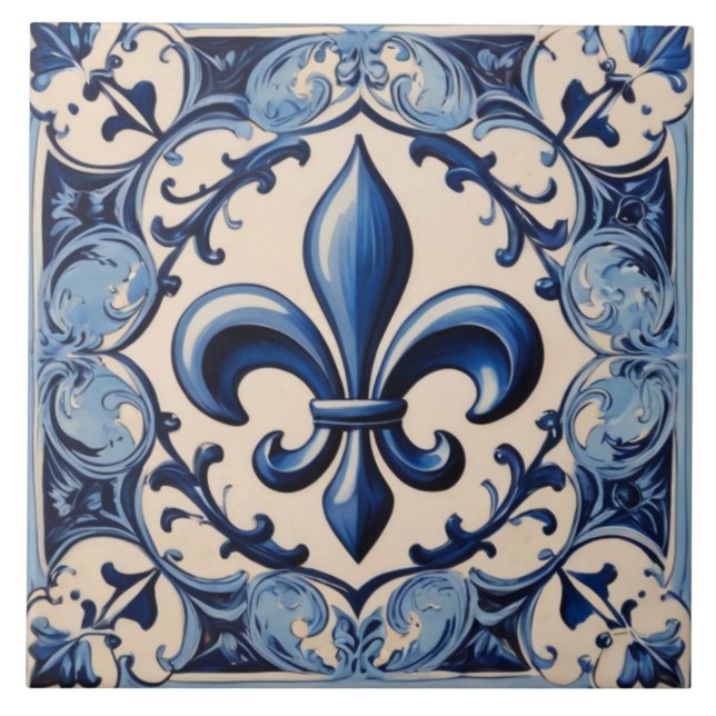 Vintage Antique Blue Fleur de Lis Tile (Front)