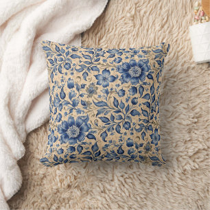 Vintage Antique Blue Indigo & Taupe Throw Pillow