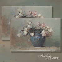 Vintage Antique Blush Pink Rose Bouquet Blue Vase