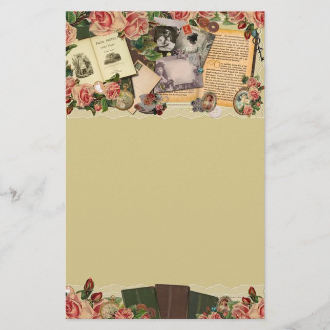Vintage Antique Books & Roses Collage Stationery (Front)