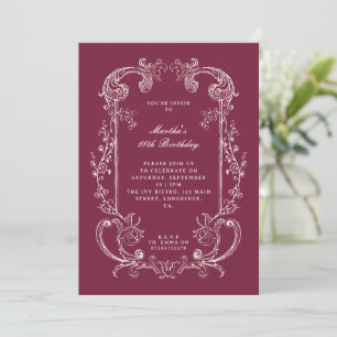 Vintage Antique Burgundy Floral Scroll Birthday Invitation