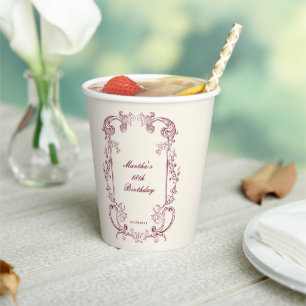 Vintage Antique Burgundy Floral Scroll Birthday Paper Cups