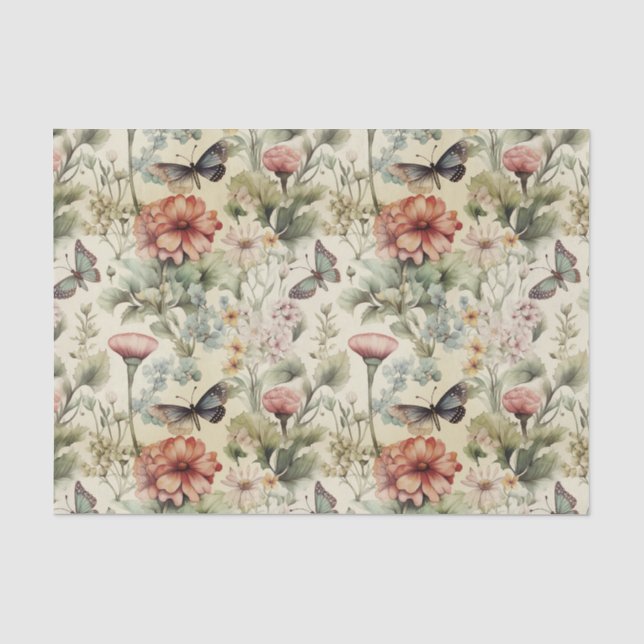 Vintage Antique Butterfly and Flowers Decoupage Tissue Paper (Front)