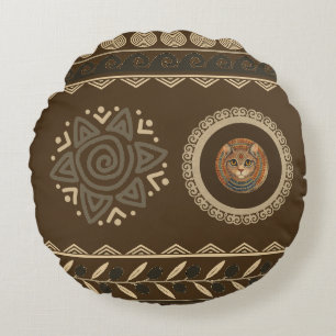 Vintage, Antique Cat, Ancient Motif Art Round Pillow