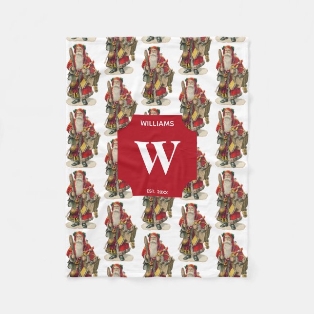 Vintage Antique Christmas Santa Claus Monogrammed Fleece Blanket (Front)