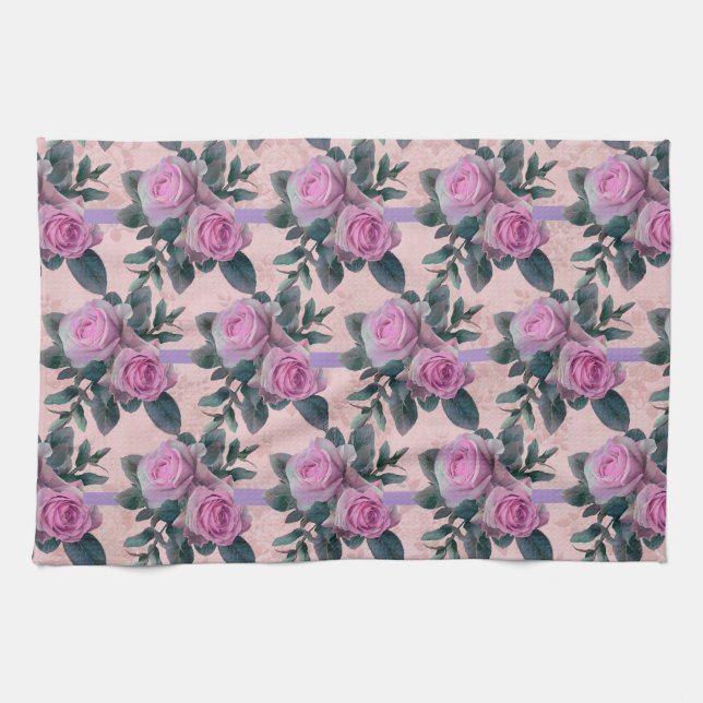 Vintage Antique Damask Pink Roses  Kitchen Towel (Horizontal)