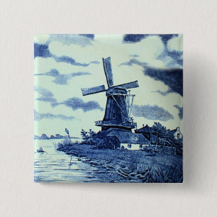 Vintage Antique Delft Blue Tile - Windmill 2 Inch Square Button