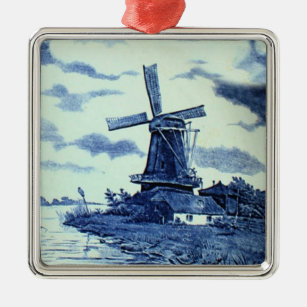 Vintage Antique Delft Blue Tile - Windmill Metal Ornament