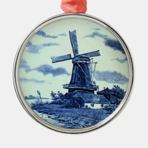 Vintage Antique Delft Blue Tile - Windmill Metal Ornament