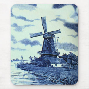 Vintage Antique Delft Blue Tile - Windmill Mouse Pad