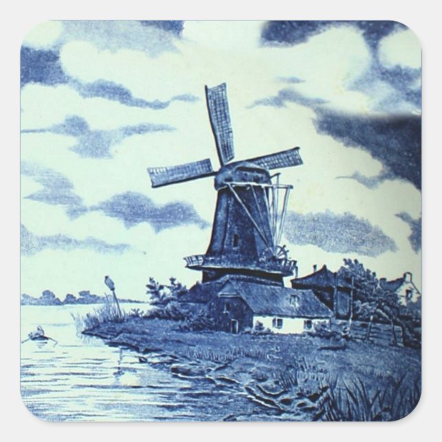 Vintage Antique Delft Blue Tile - Windmill Square Sticker (Front)