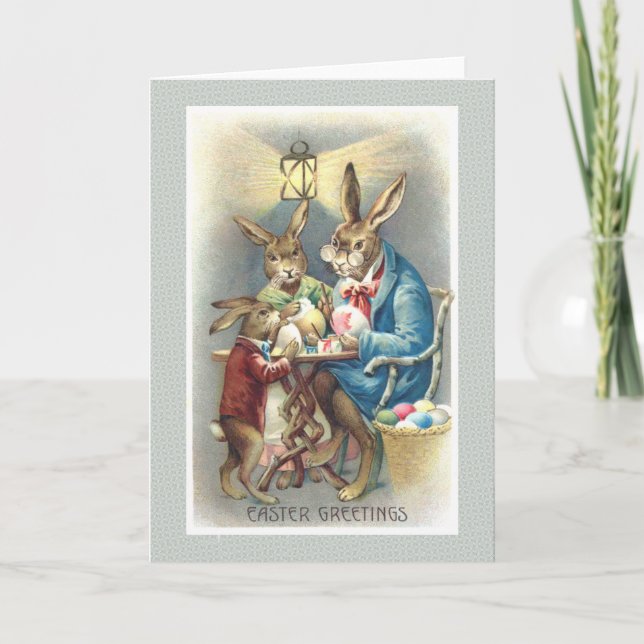 Vintage Antique Easter Card Dressed Rabbit Eggs (Front)