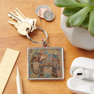 Vintage, Antique Elephant,Batik Pattern Keychain