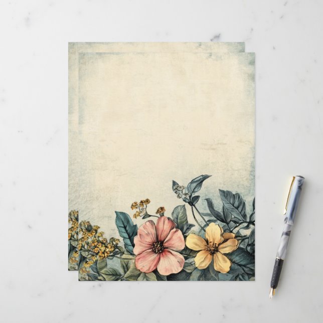 Vintage Antique Floral Junk Journal Scrapbook Pape (Front/Back In Situ)