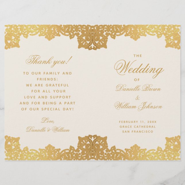 Vintage Antique Gold Ivory Folded Wedding Program (Front)