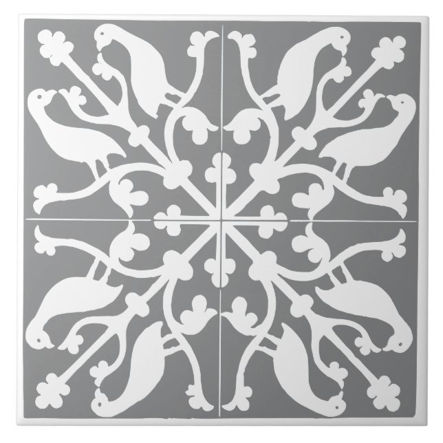 Vintage Antique Grey and White Bird Pattern Tile (Front)