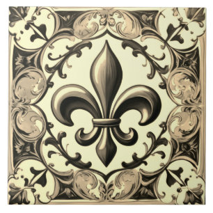 Vintage Antique Grey & Beige Fleur de Lis Tile