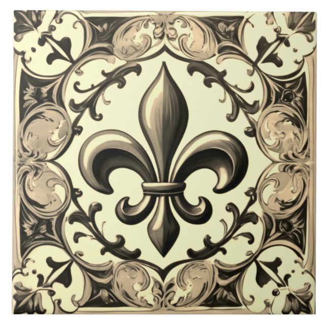 Vintage Antique Grey & Beige Fleur de Lis Tile (Front)