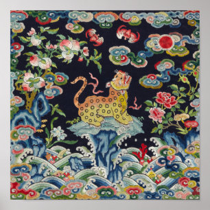 vintage antique leopard flowers embroidery textile poster