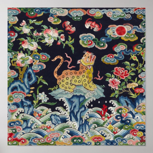 vintage antique leopard flowers embroidery textile poster (Front)