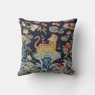 vintage antique leopard flowers embroidery textile throw pillow