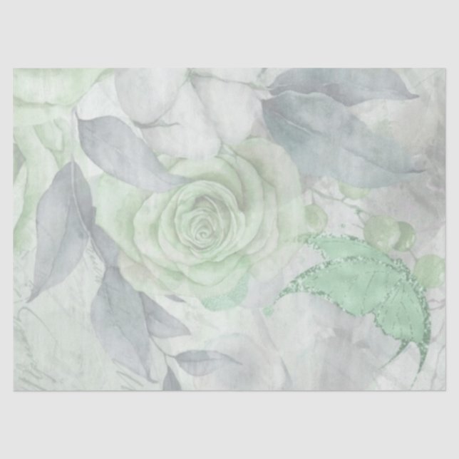 Vintage Antique Mint Rose Butterfly Decoupage Tissue Paper (Front)